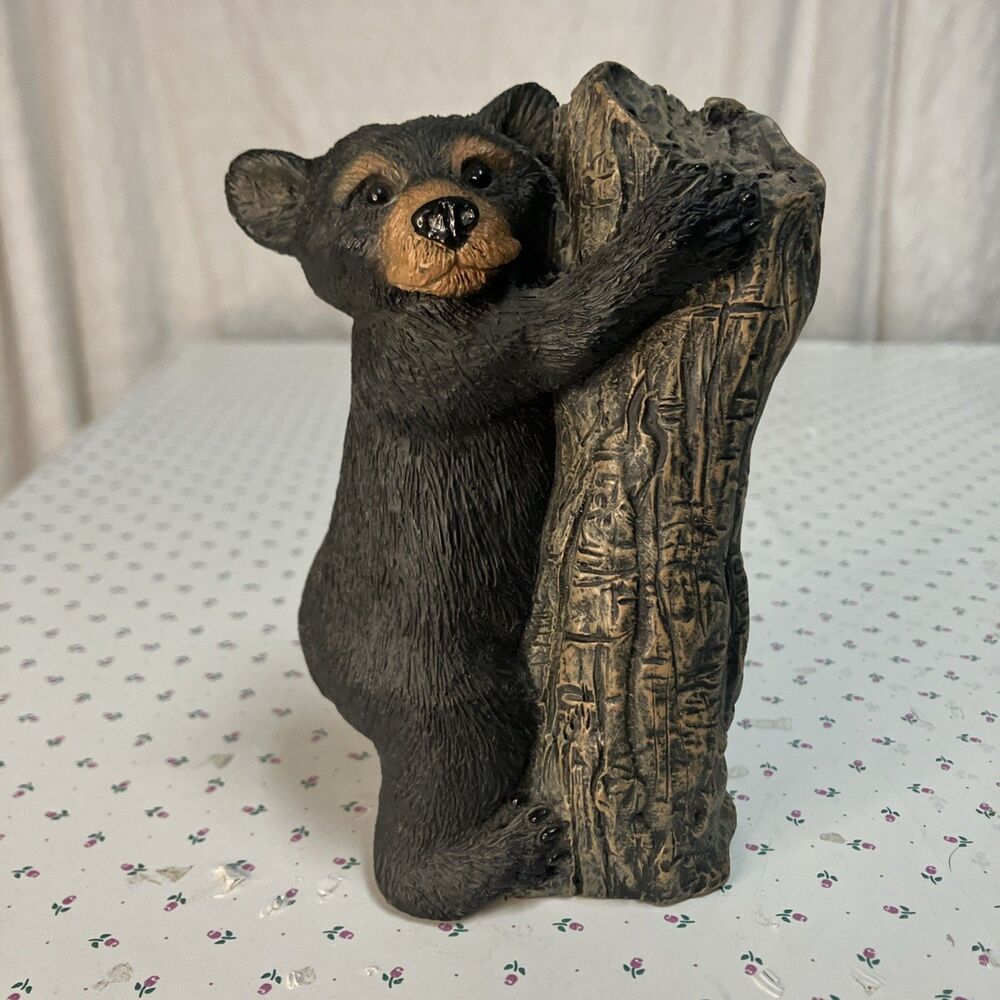 Creation By Carole Solid Resin Black Bear Clinging To A Tree Trunk 5.5”